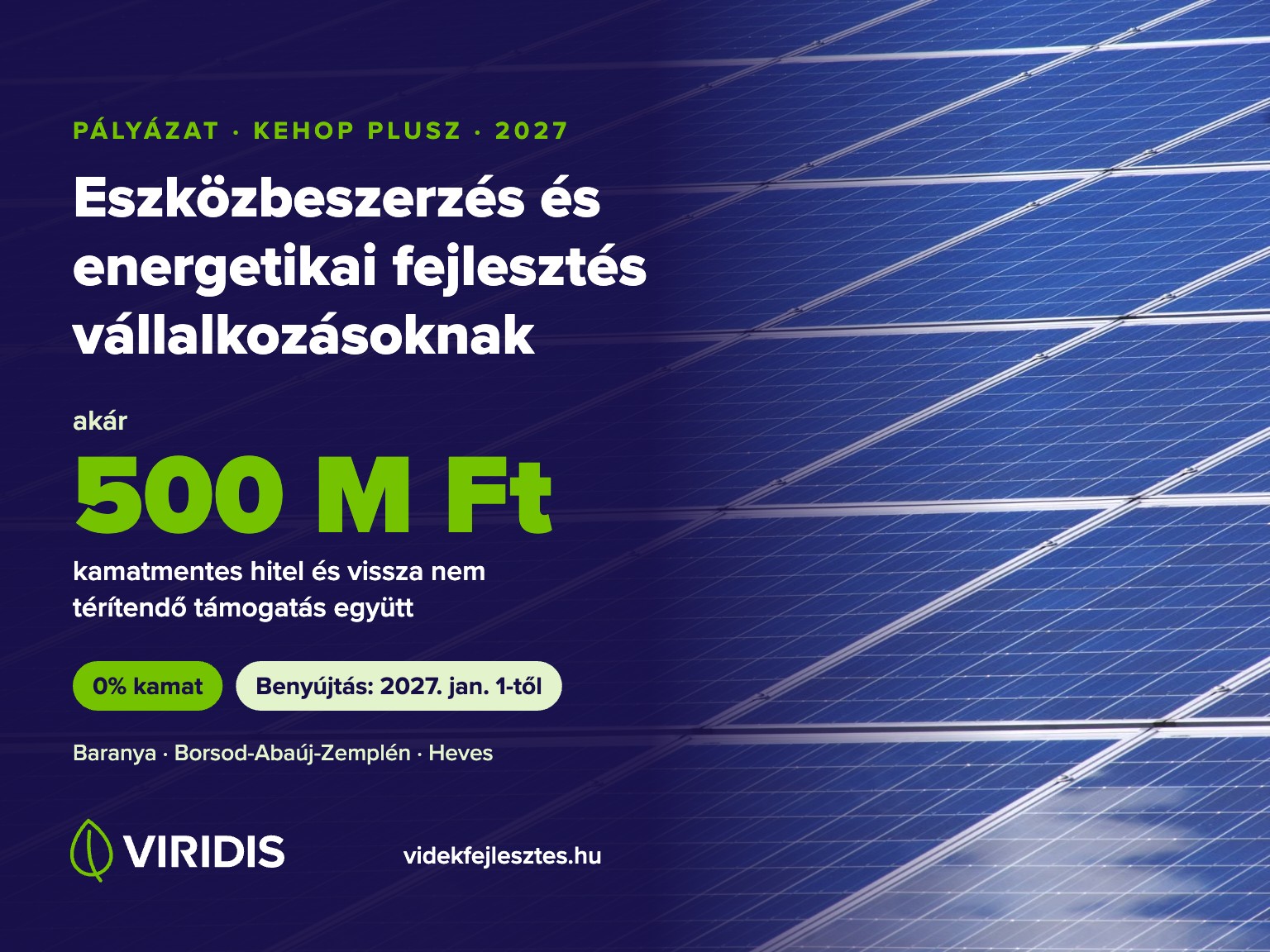 Eszközbeszerzés és energetikai fejlesztés vállalkozásoknak – KEHOP Plusz hitelprogram, akár 500 M Ft